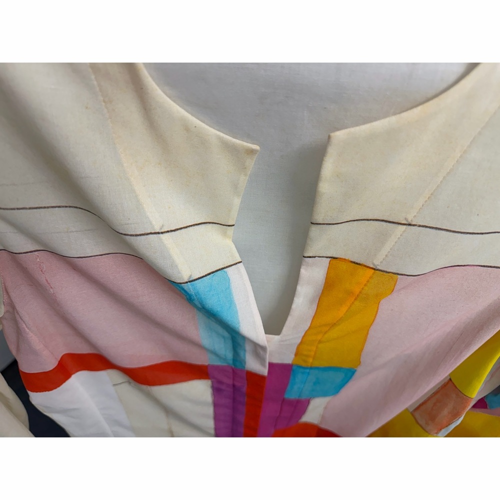Akris Mural Print Cotton Shirt Tunic Blouse Red Beige Colorblock Geometric 6 - Picture 7 of 13